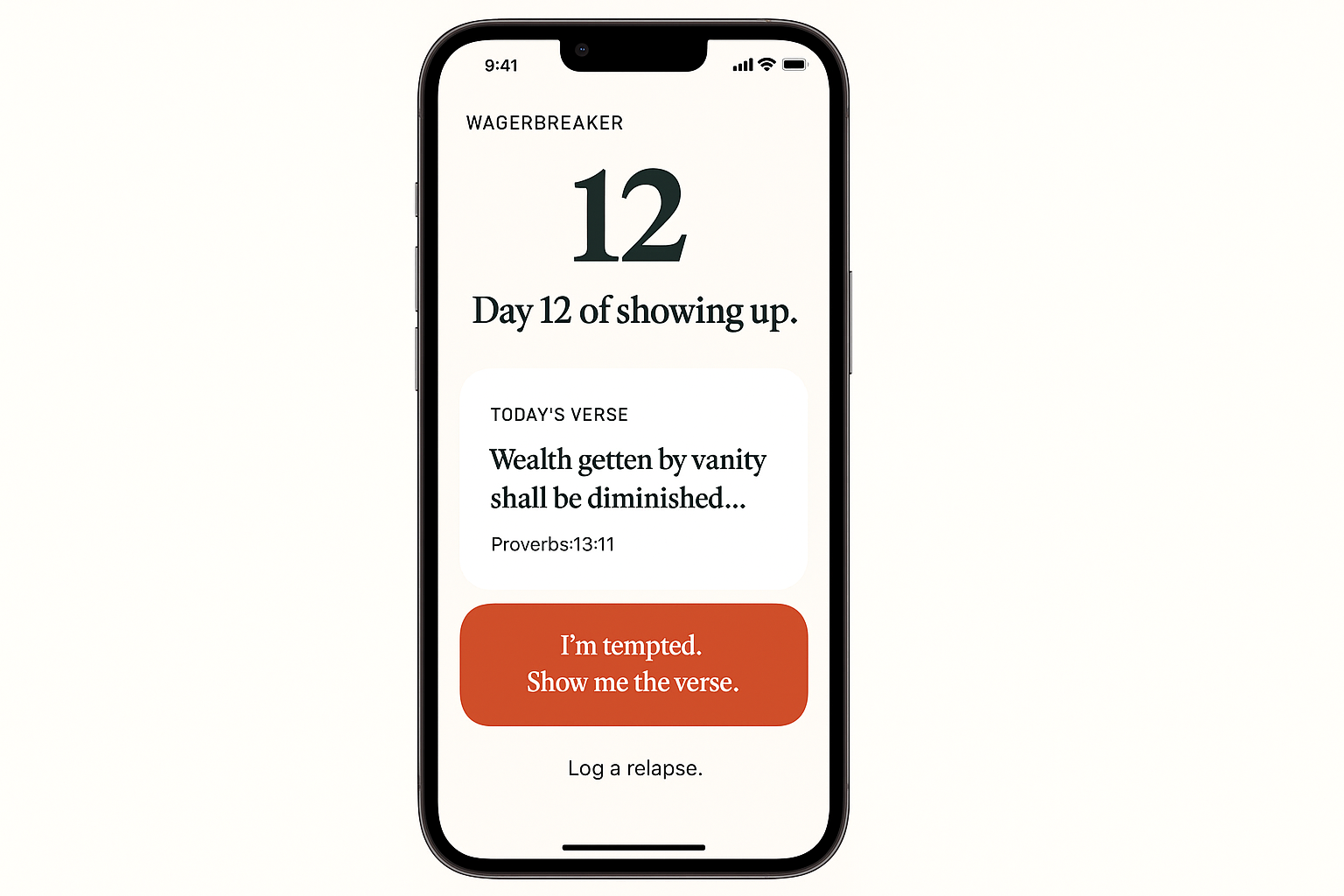 Home dashboard screen showing 'Day 12 of showing up.' and the day's verse.