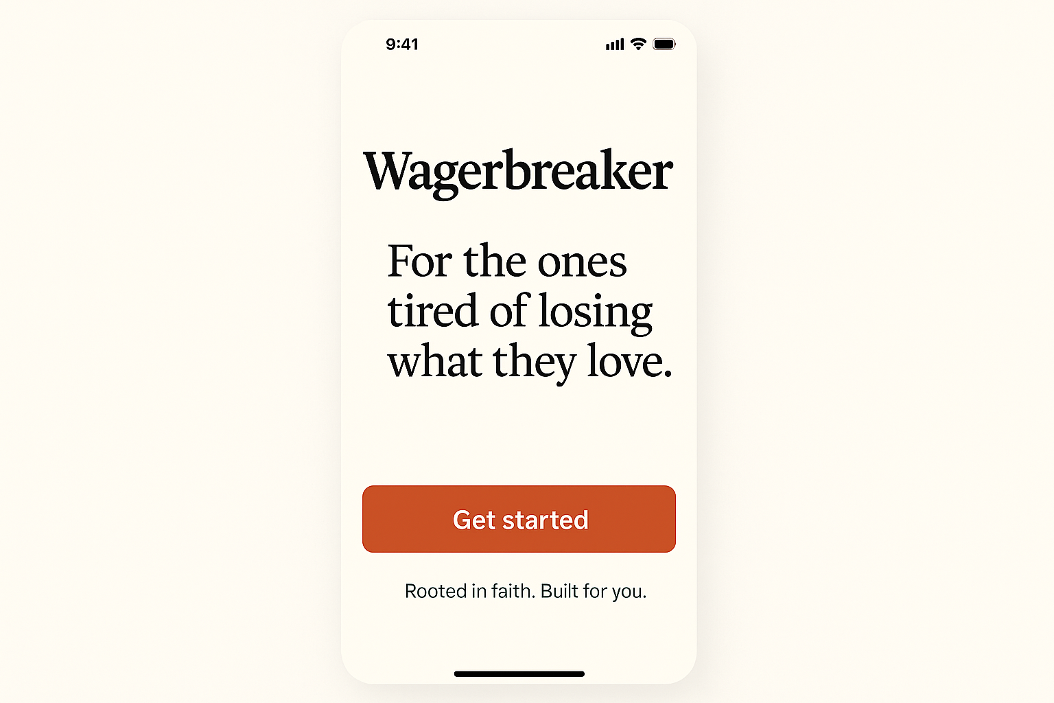 Onboarding welcome screen with the Wagerbreaker wordmark and tagline.