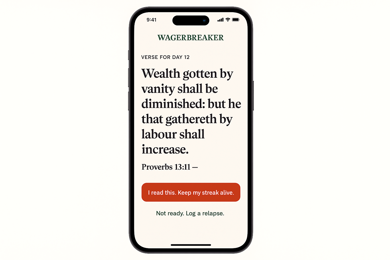 Scripture card screen showing a verse and a CTA button reading 'I read this. Keep my streak alive.'